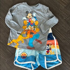 Disney tshirt and swim trunks, swimsuit, shorts, orange, blue, 2t, vacation